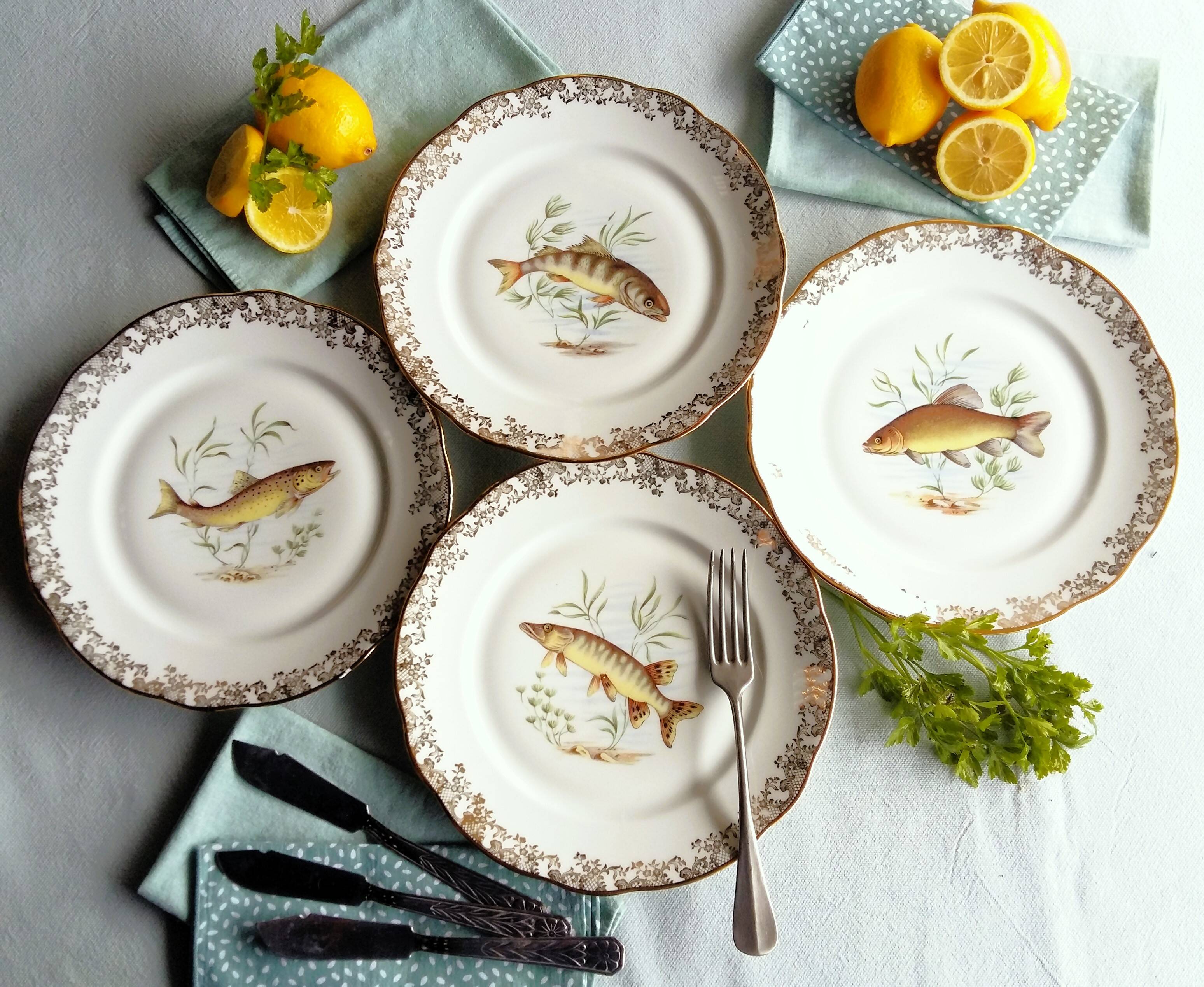Set of four fish plates. vintage french fish plate set.