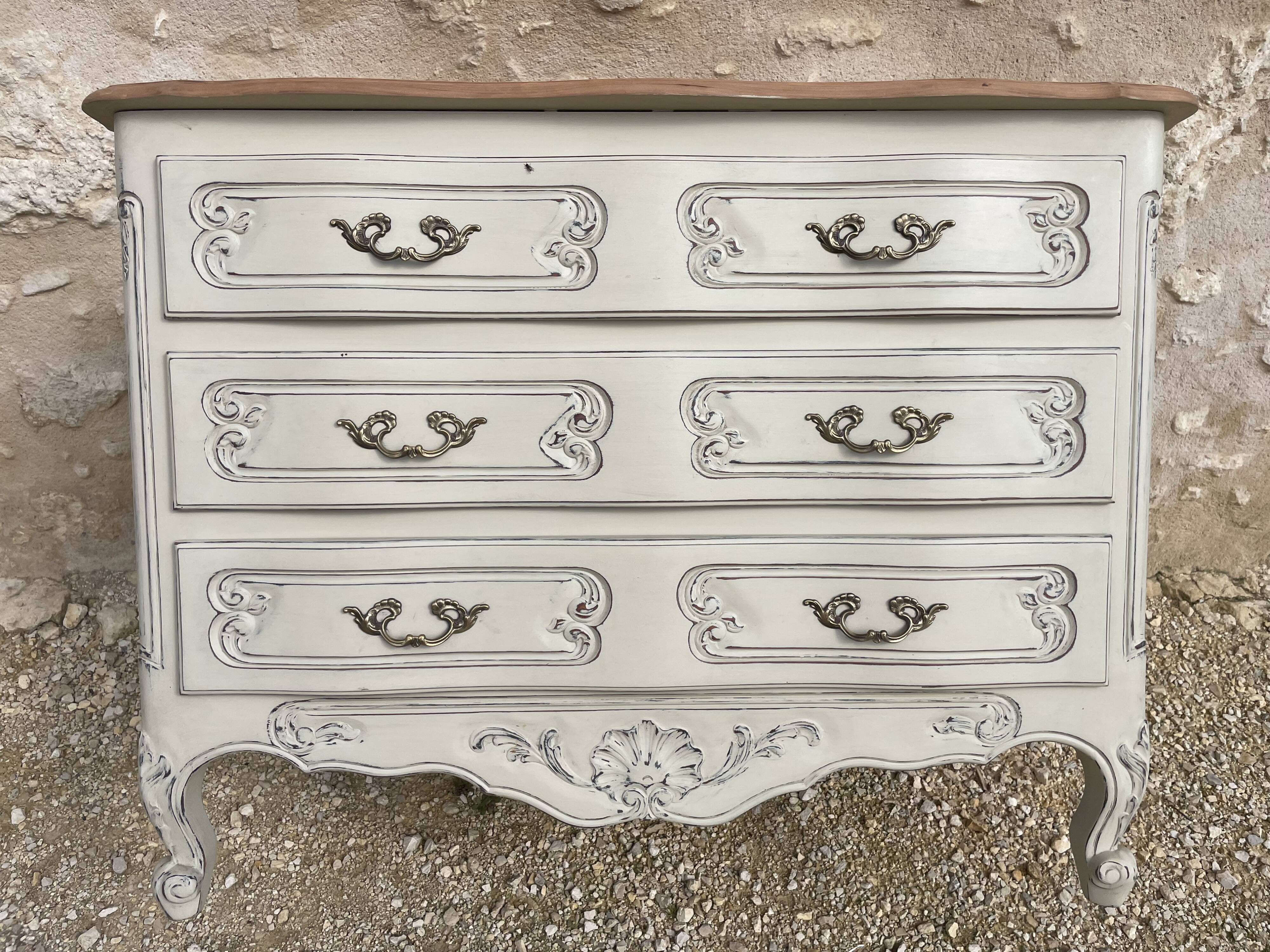 Louis XV style chest of drawers in patinated cherry wood and raw wood top