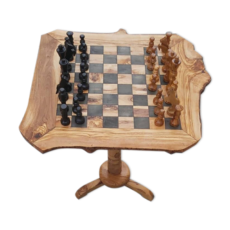 Rustic chess table olive wood, chess game 18"