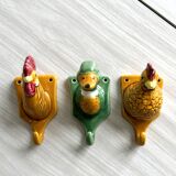 Ceramic slip kitchen towel hooks: Rooster, Hen, Duck.