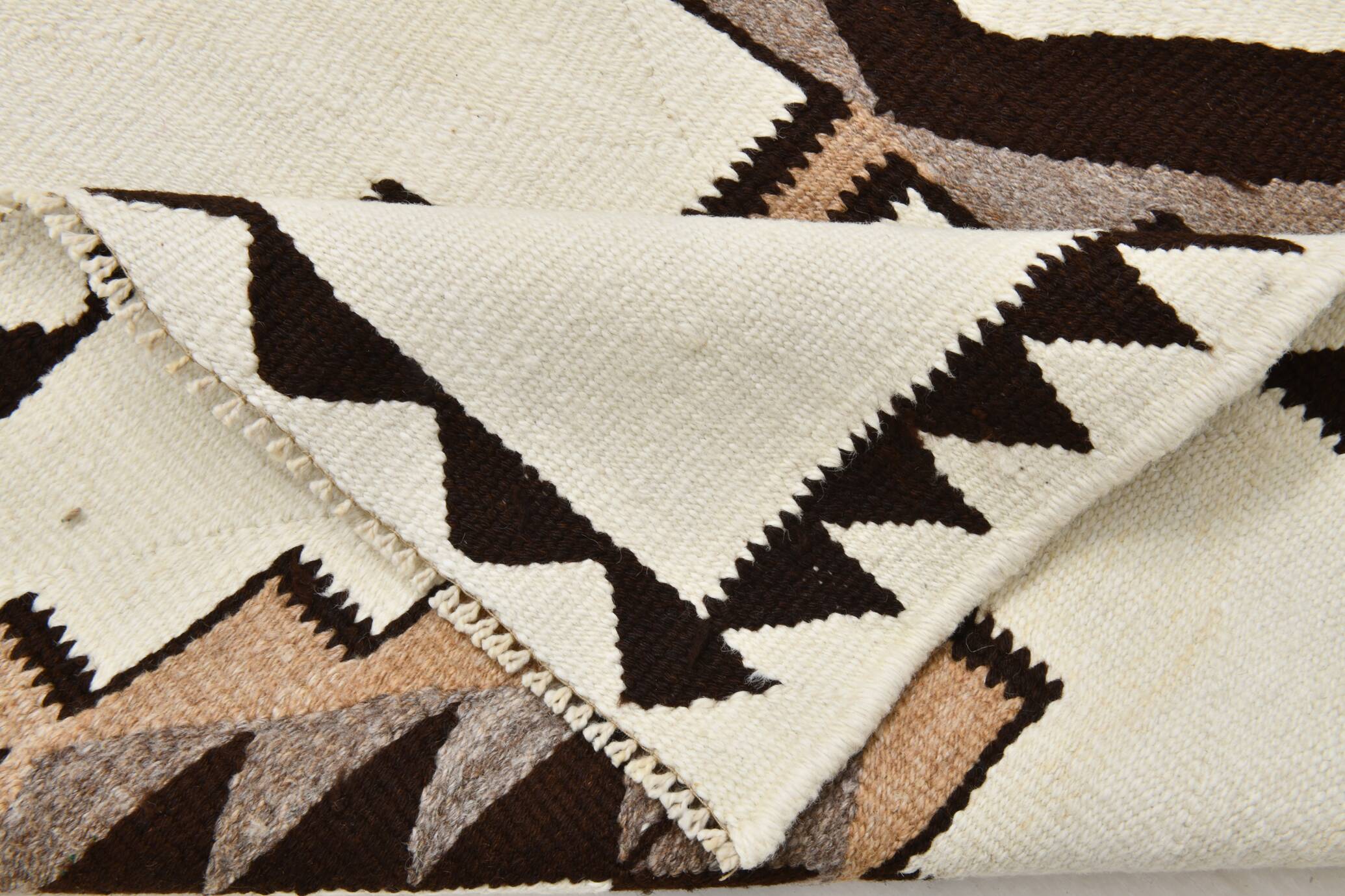 Tapis runner kilim vintage beige marron, motifs géométriques 388x101cm