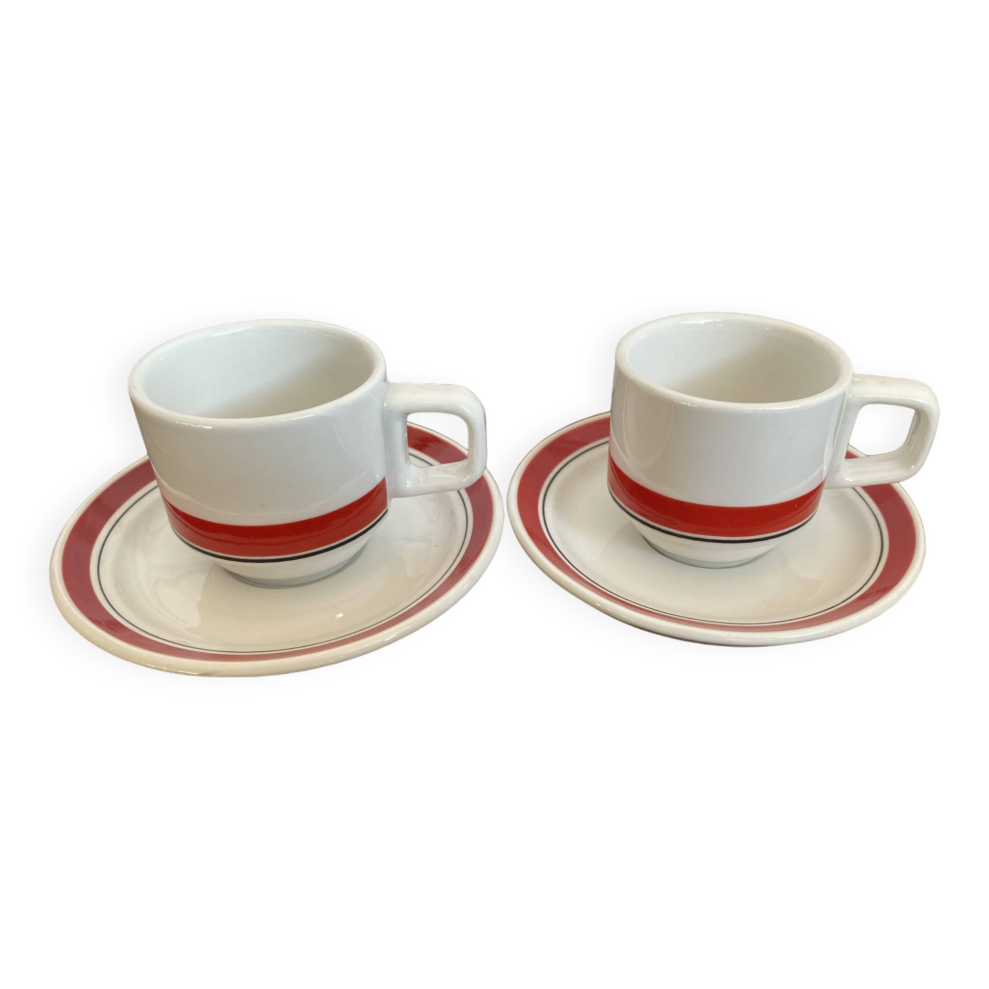 2 coffee cups and bistro saucers, Sarreguemines, vintage Red Band