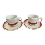2 coffee cups and bistro saucers, Sarreguemines, vintage Red Band