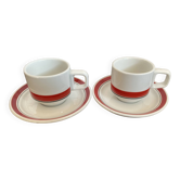 2 coffee cups and bistro saucers, Sarreguemines, vintage Red Band