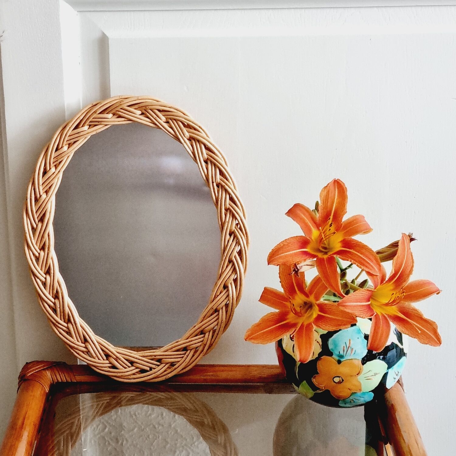Oval rattan mirror from the 60s