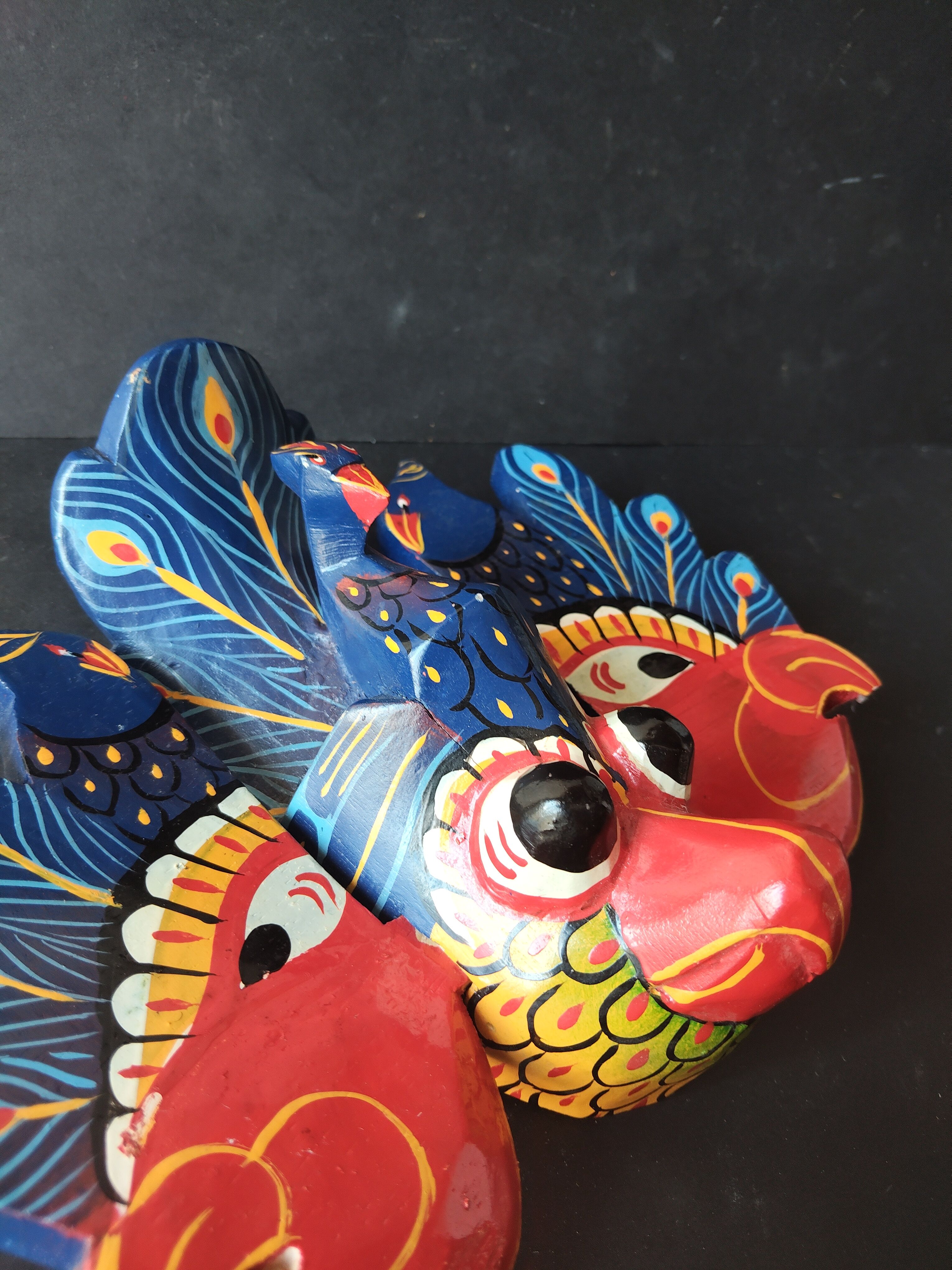 Ancient Balinese mask carved and painted – Stylised peacock – Art p