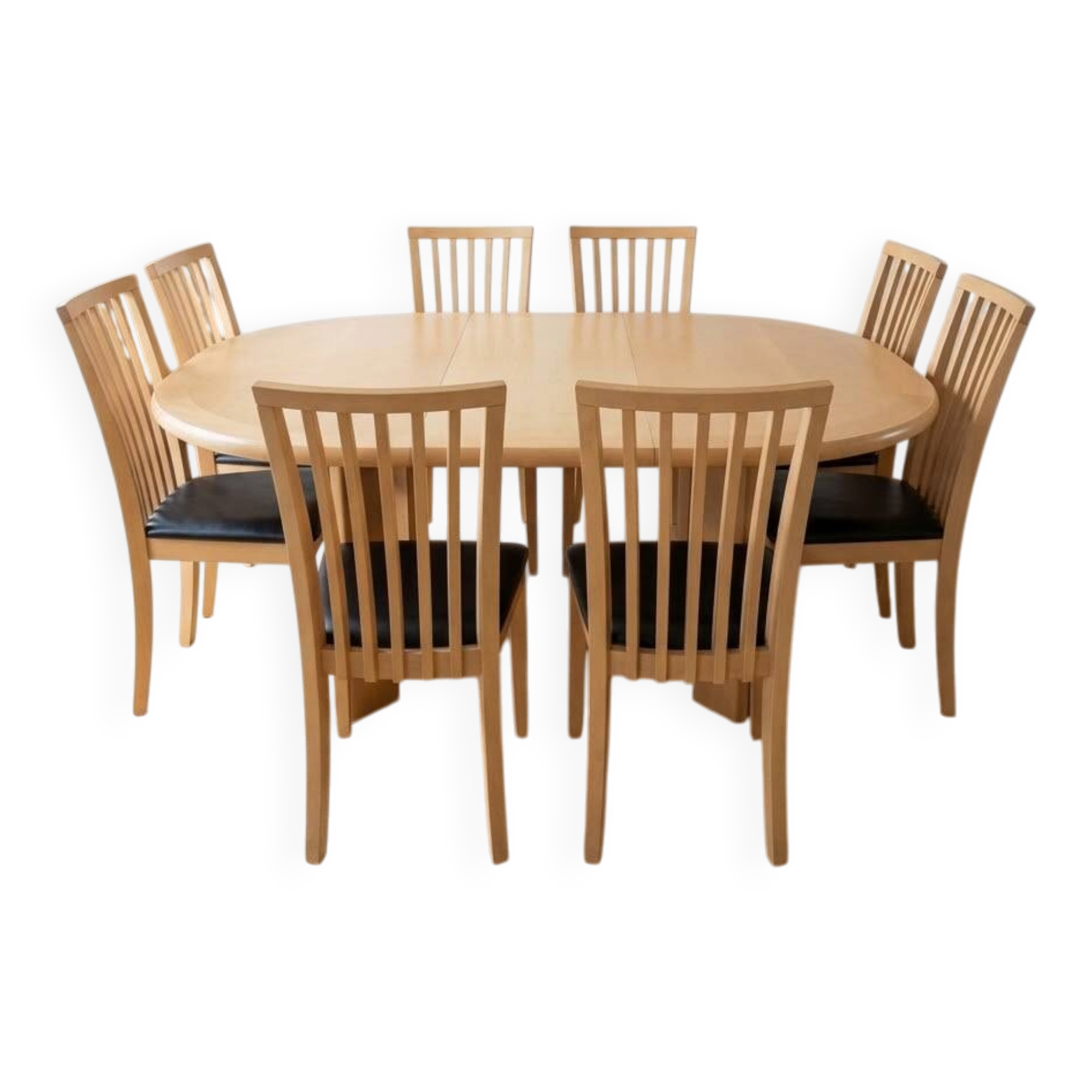 Skovby dining table and 8 vintage Scandinavian style wooden chairs.