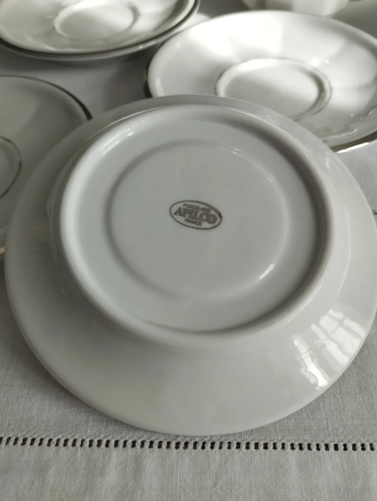 6 white porcelain coffee cups with silver trim Apilco Deshoulières