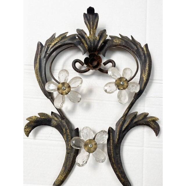 Contemporary brunito and rush florentine wrought iron wall lamp with floreal crystals