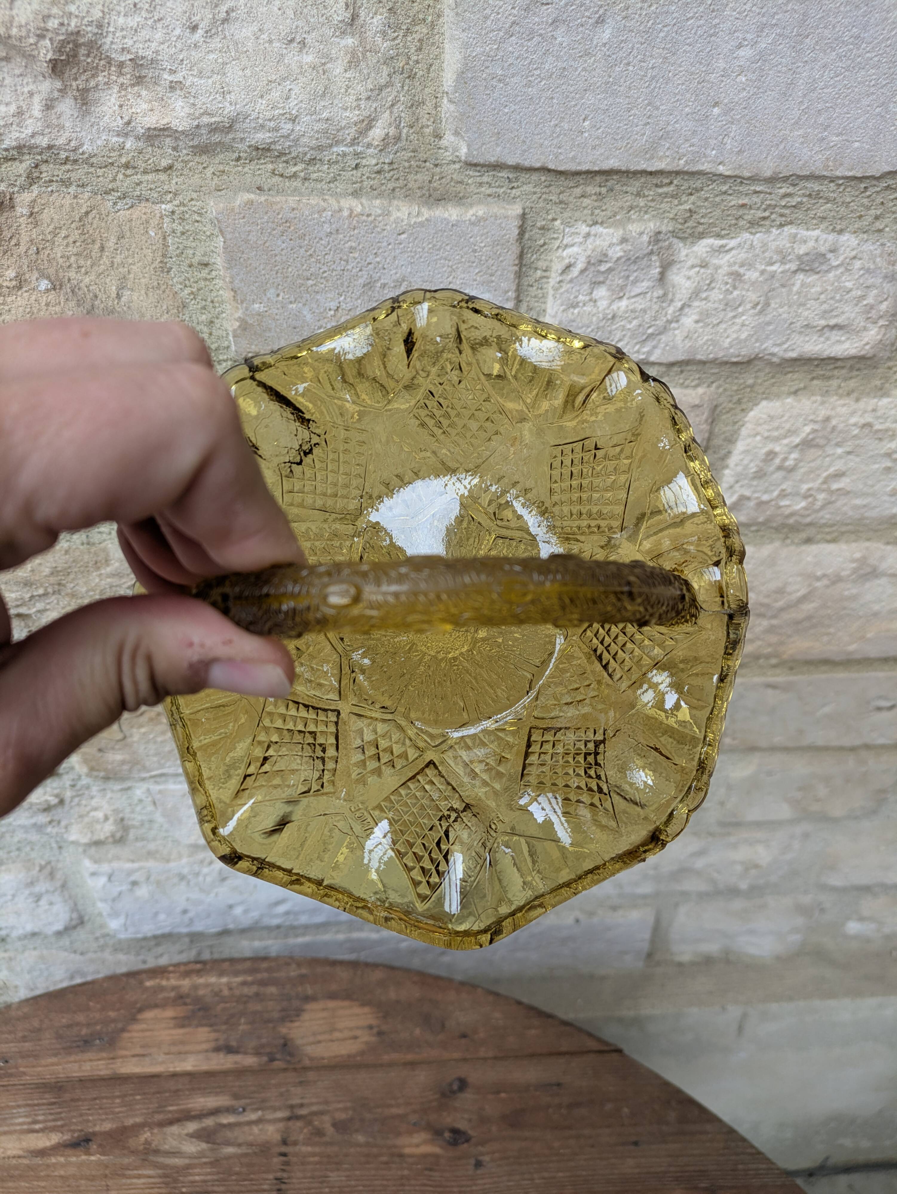 Small amber yellow glass pocket basket Portieux France
