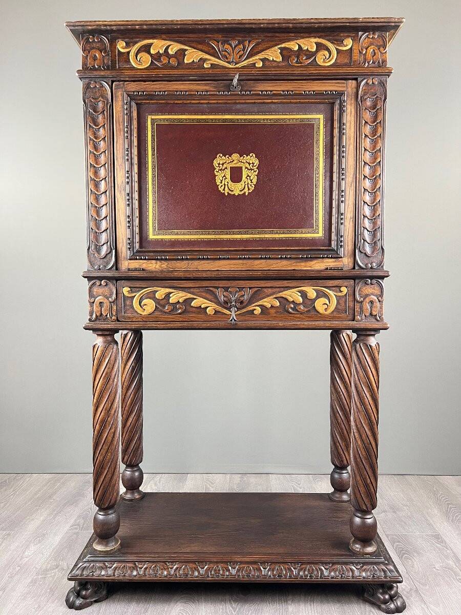 Carved and polychrome wooden secretary, Neo-Renaissance style, 19th century