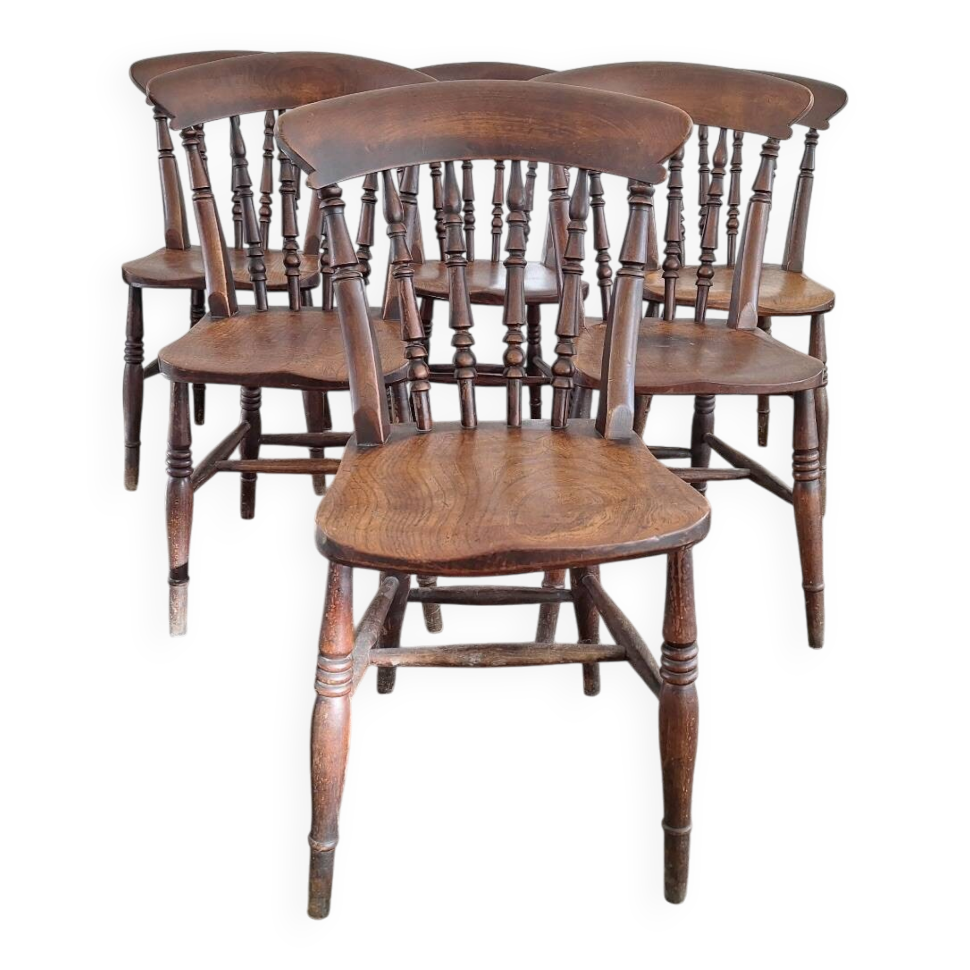 Antique set of 6 farmhouse patinated oak dining chairs, 19th century