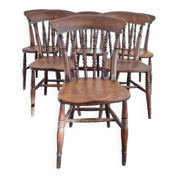 Antique set of 6 farmhouse patinated oak dining chairs, 19th century
