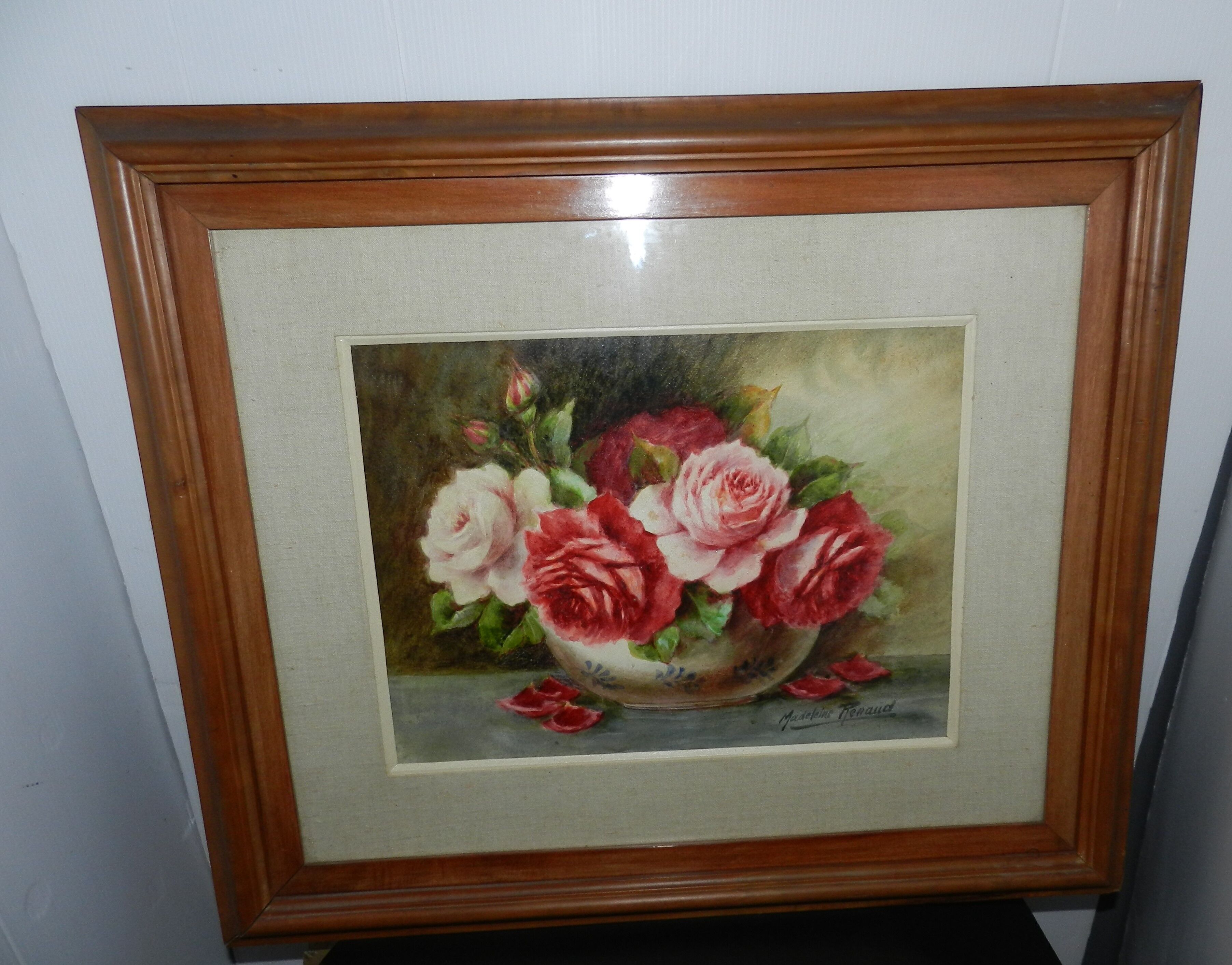 Watercolor painting framed under glass signed Madeleine Renaud