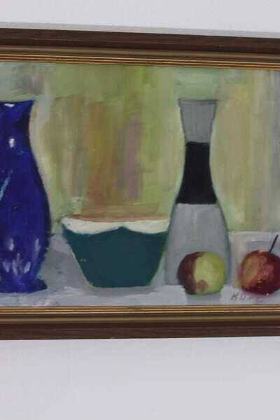 Original Mid Century  Oil on Canvas – “Bowl, Vase and Fruit” by K. W. N.