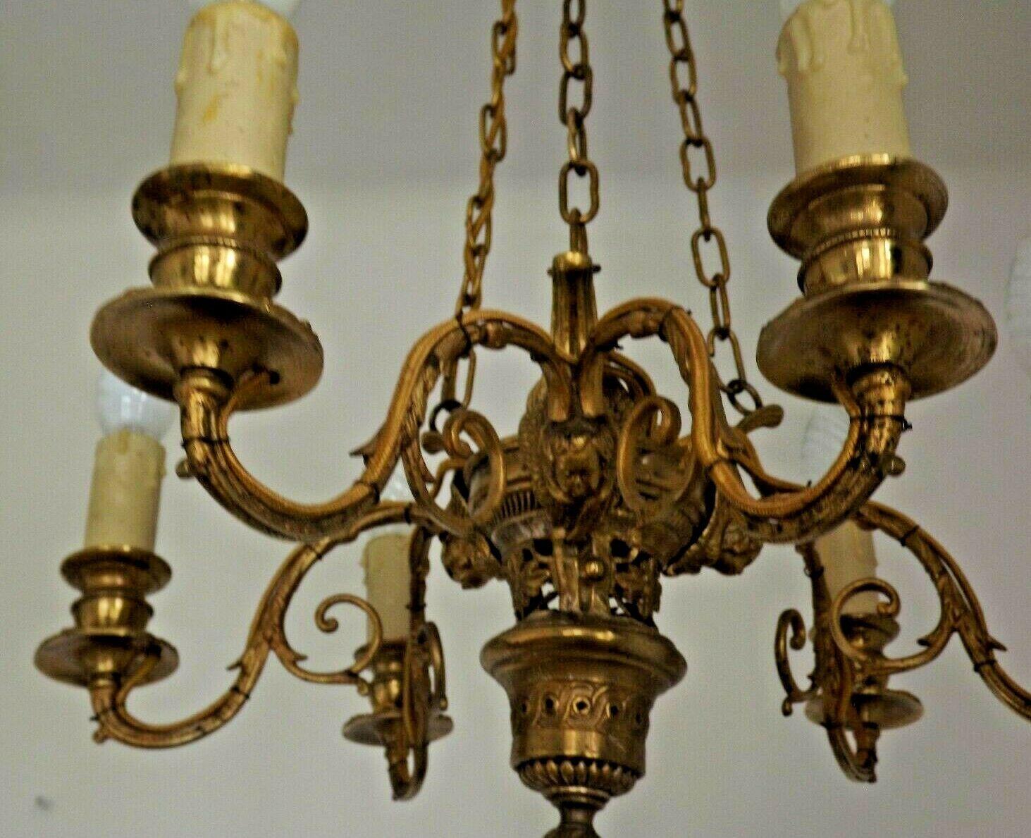 French victorian brass 6 light cherub chandelier with floral decoration