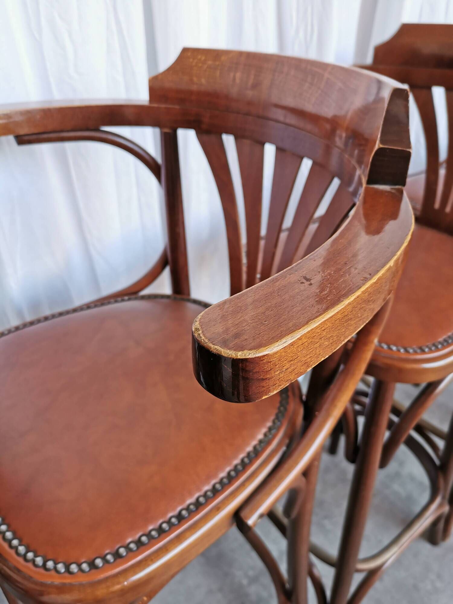 Set of 6 Vintage Bentwood Bar Stool Set: Brown Leather Seat, Nailhead Trim