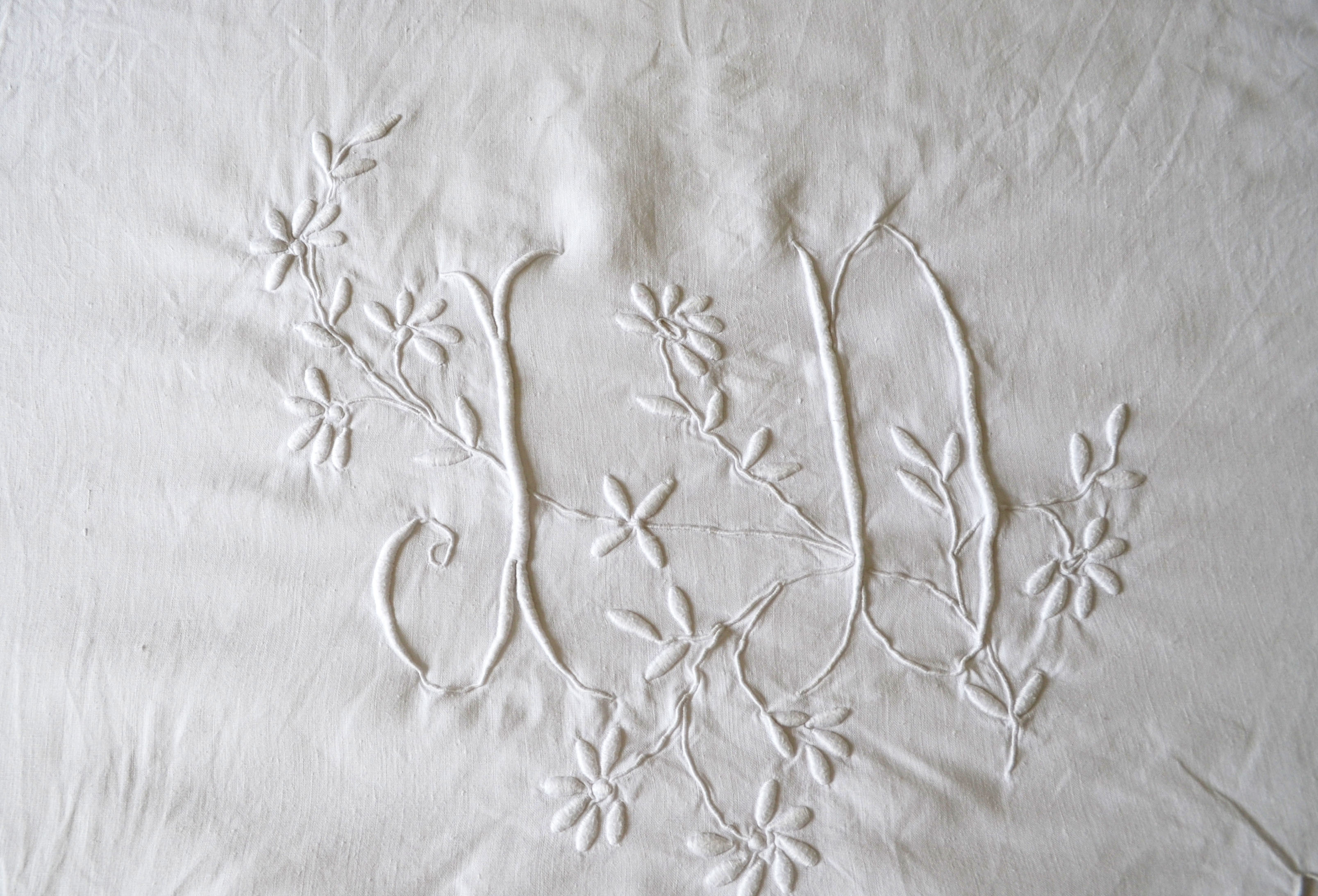 Antique linen sheet embroidery and monogram