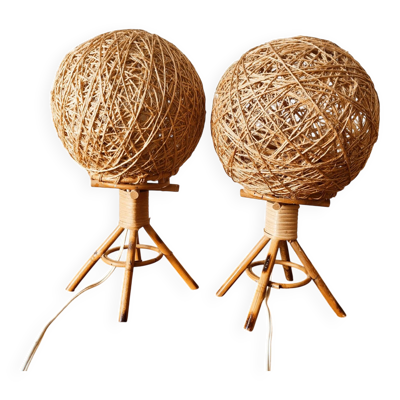 Paire de lampes de chevet en corde et rotin