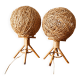 Pair of bedside lamps in rope and rattan