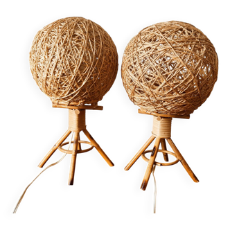 Pair of bedside lamps in rope and rattan