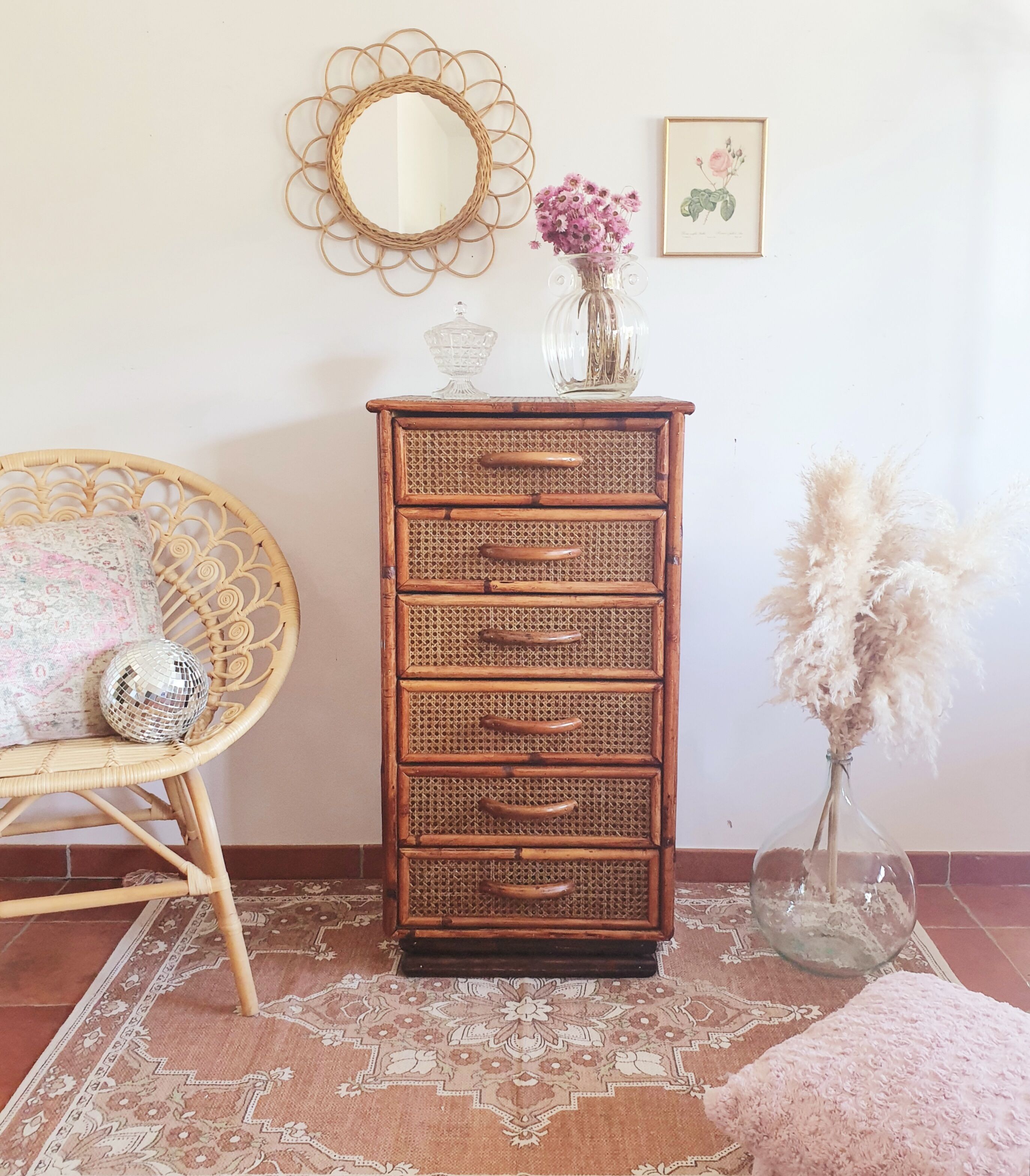 Rattan and canning chest of drawers