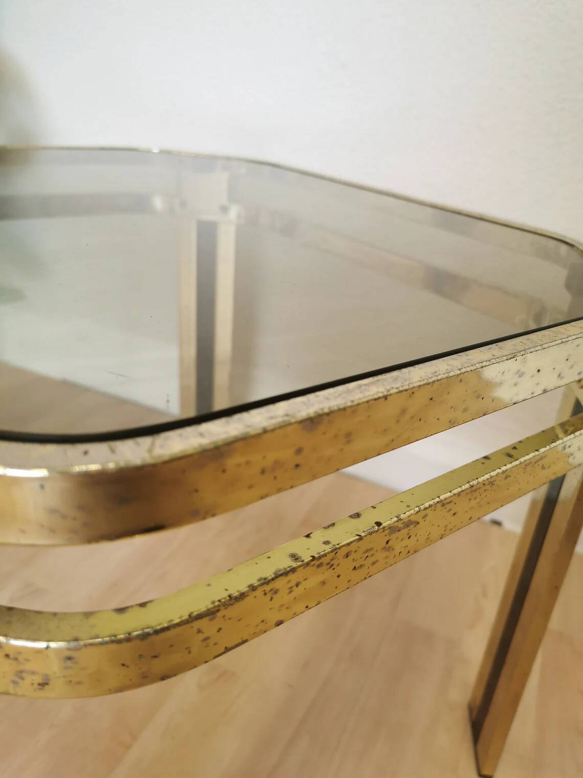 Vintage Brass & Smoked Glass Coffee Table: Mid-Century Italian End Table