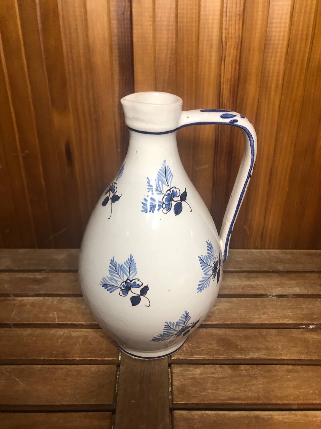 Old white ceramic pitcher vintage painted blue decor #a425