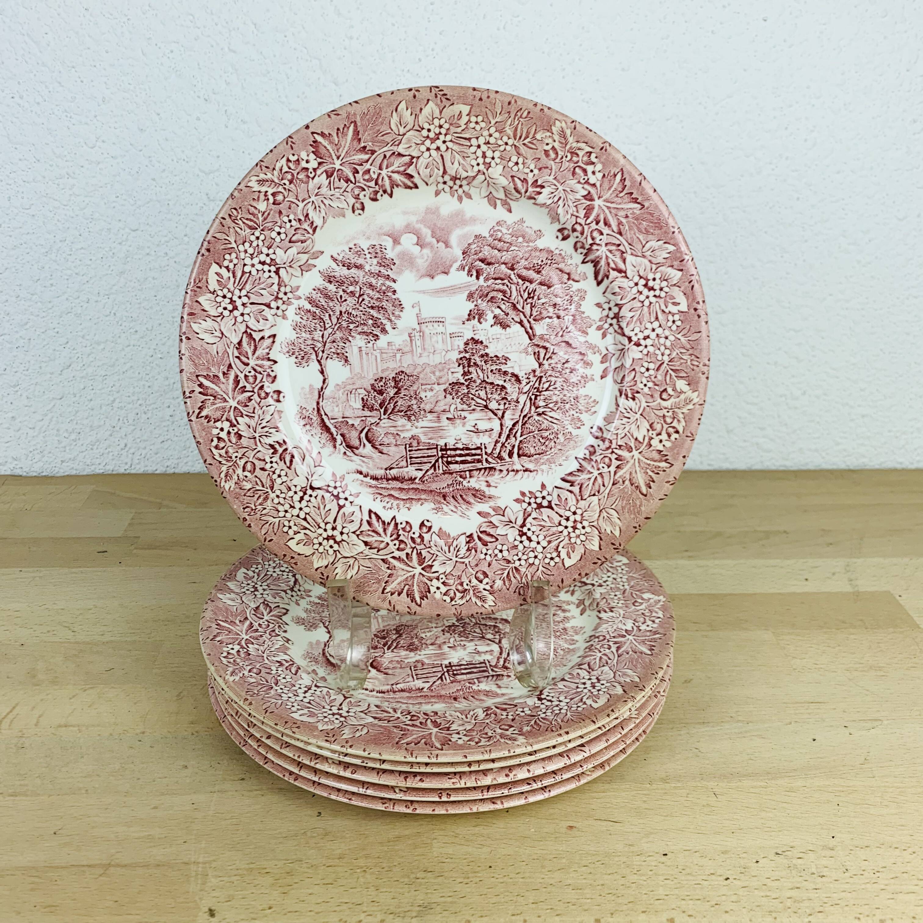 6 red ironstone English flat plates