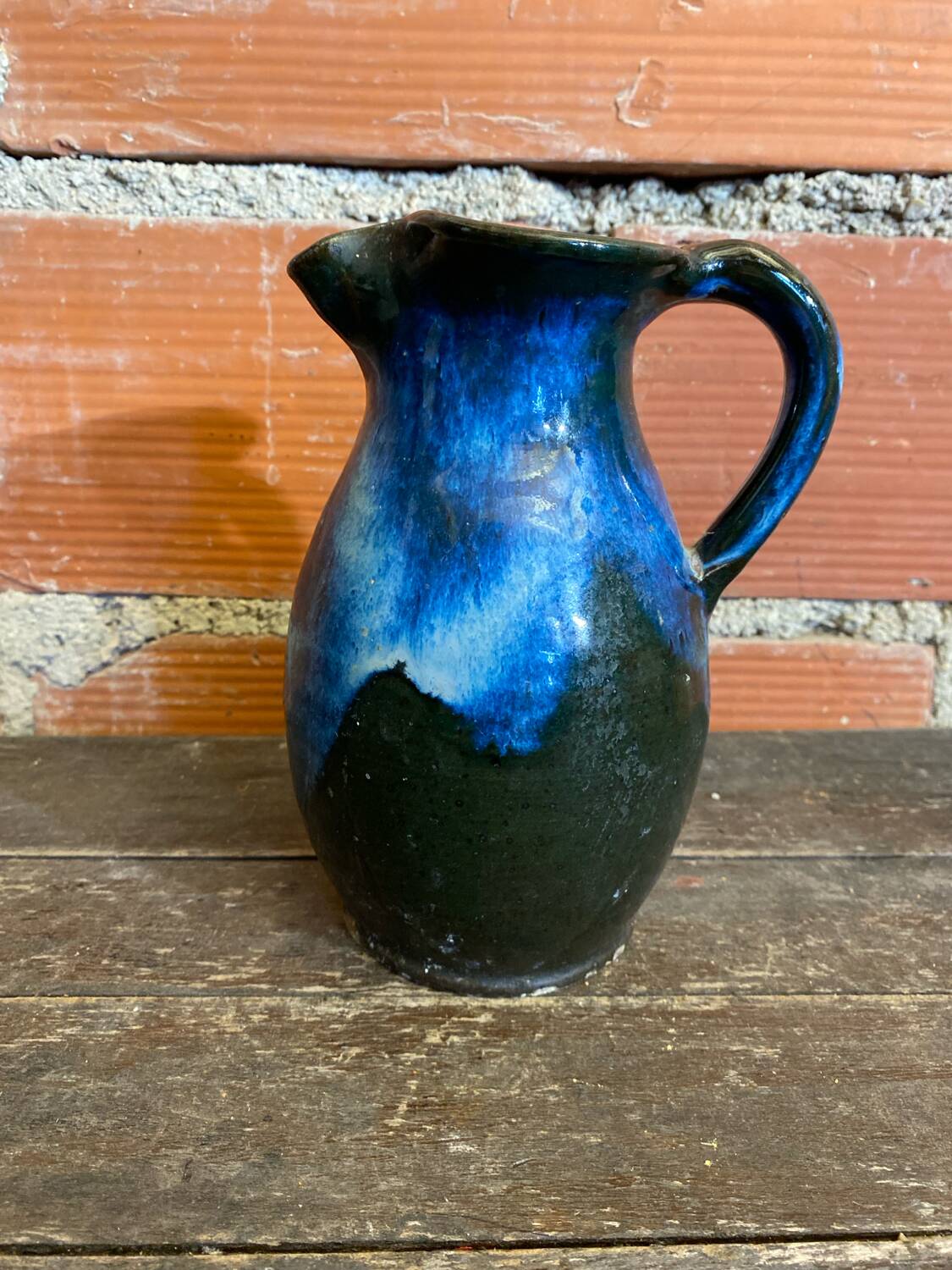 Vintage 1970s Black and Blue Glazed Stoneware Jug