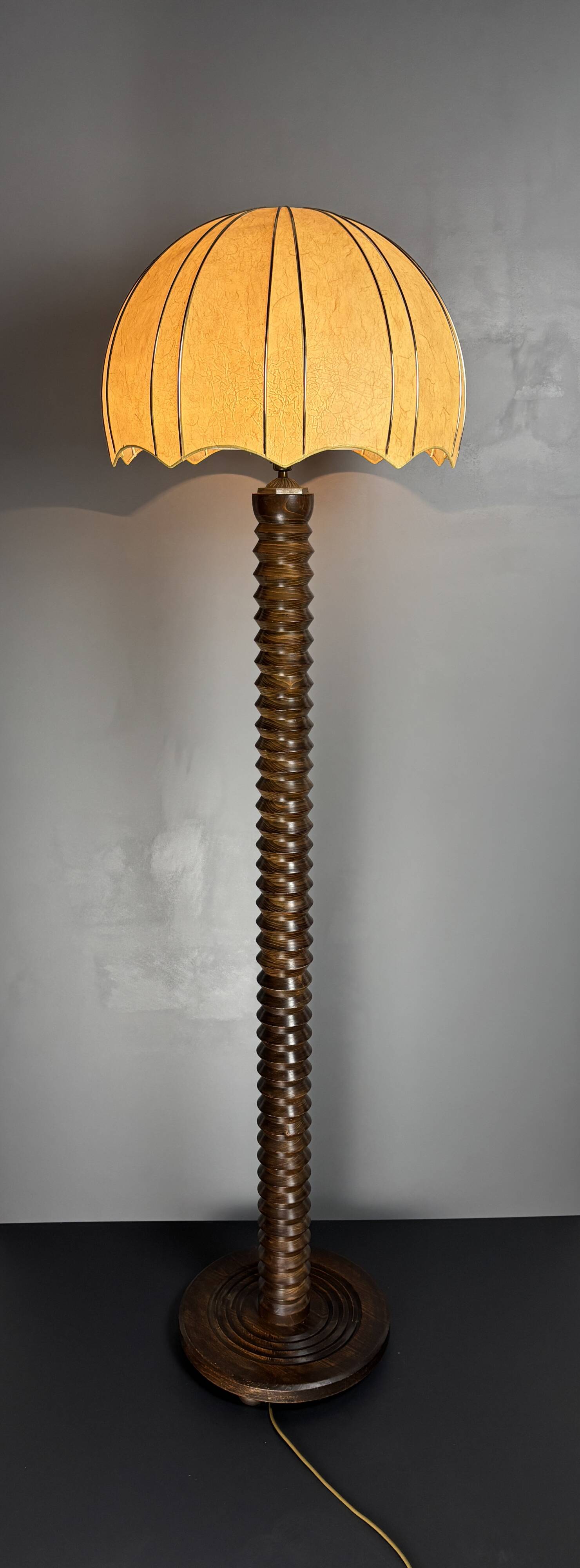 Brutalist midcentury wood turned cocoon floor lamp