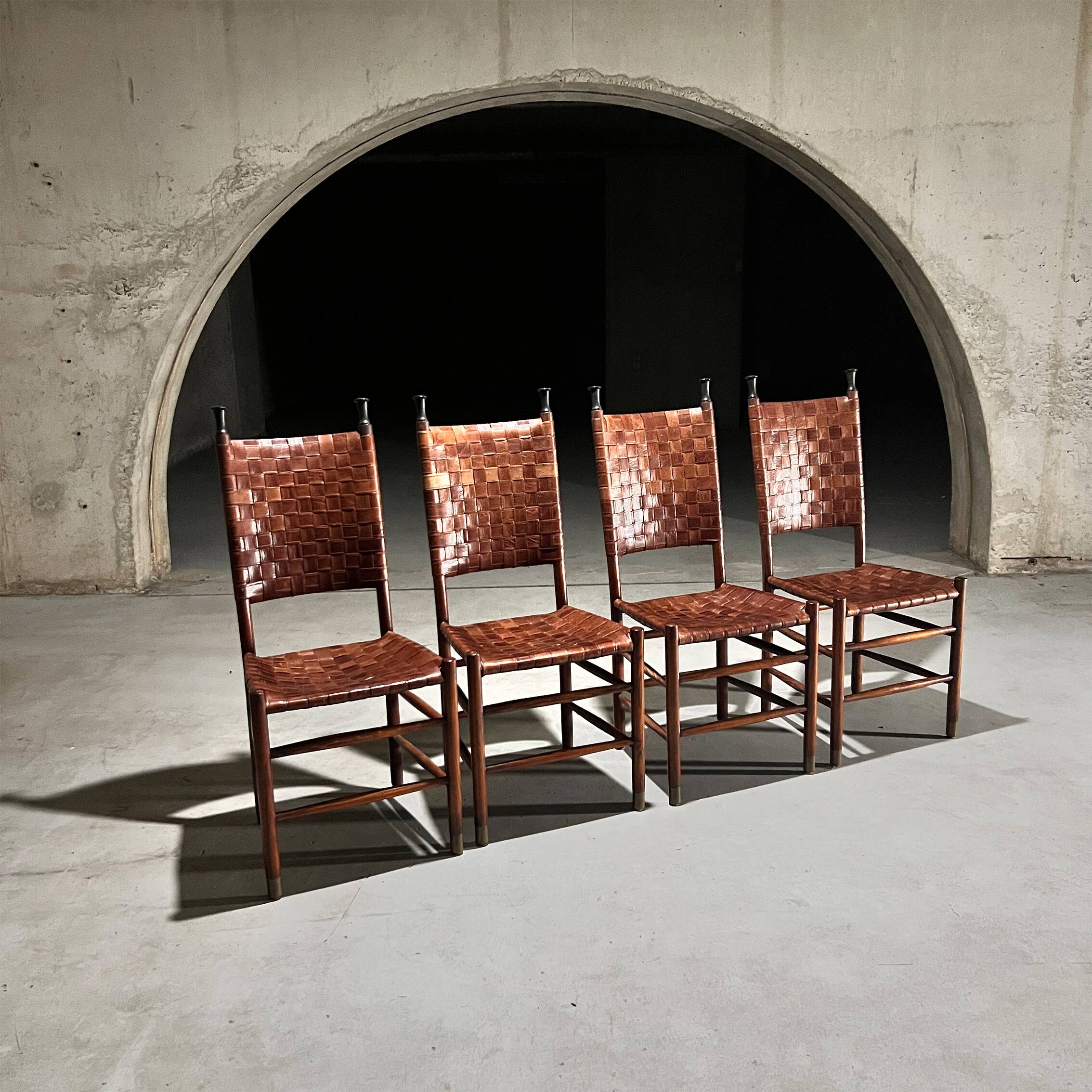 Set of 4 Pine and Leather Dining Chairs, 1970s