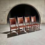 Set of 4 Pine and Leather Dining Chairs, 1970s