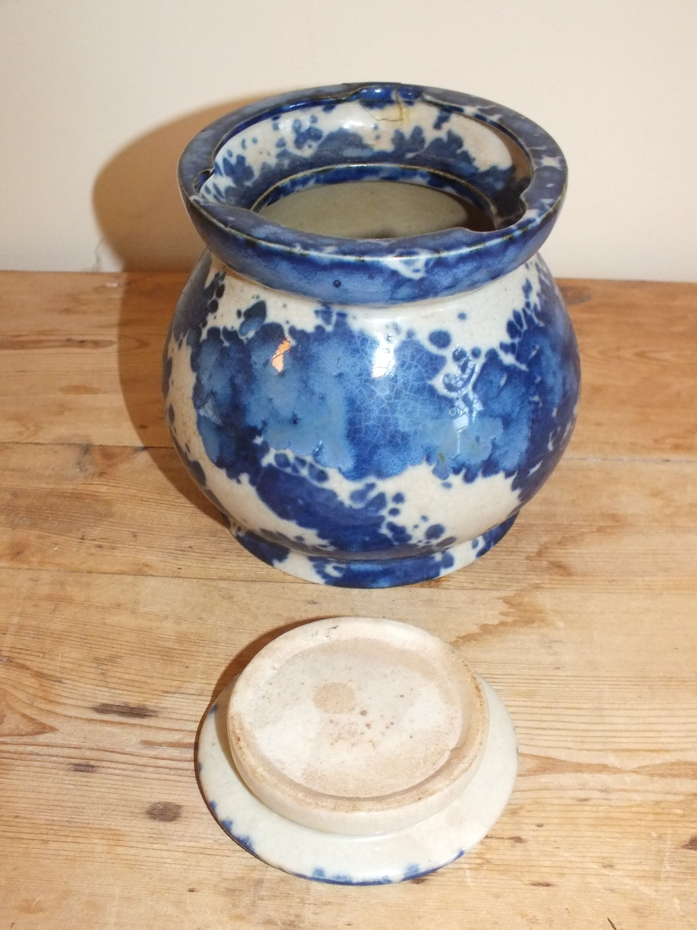 Blue ceramic and cream tobacco jar signed Lucien Brisdoux