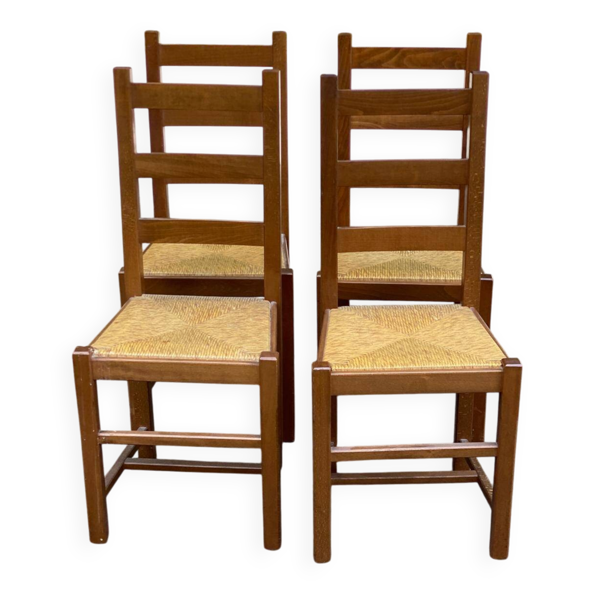 4 solid wood and straw chairs, farmhouse style from the 1950s.