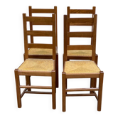 4 chaises bois massif et paille type ferme années 1950