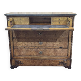 Commode secrétaire du XIXème en loupe d'orme, sapin et dessus marbre noir