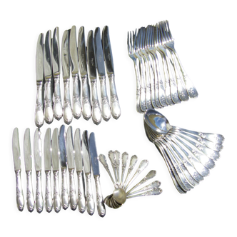 Part of art nouveau style cutlery set. made of silver metal. 48 pieces.