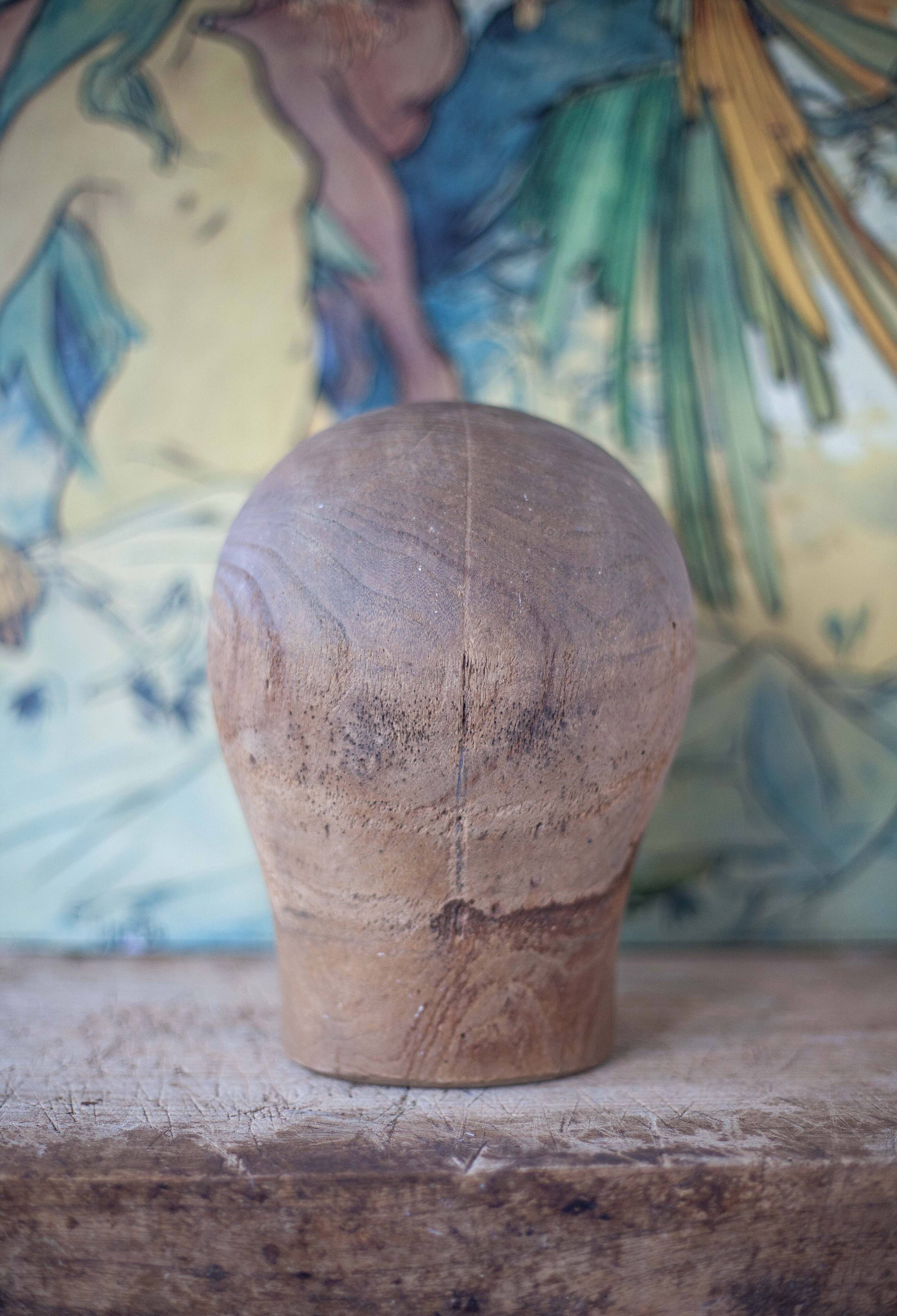 Old hat head, wooden cap, wooden milliner's head, old wood, collection, decoration