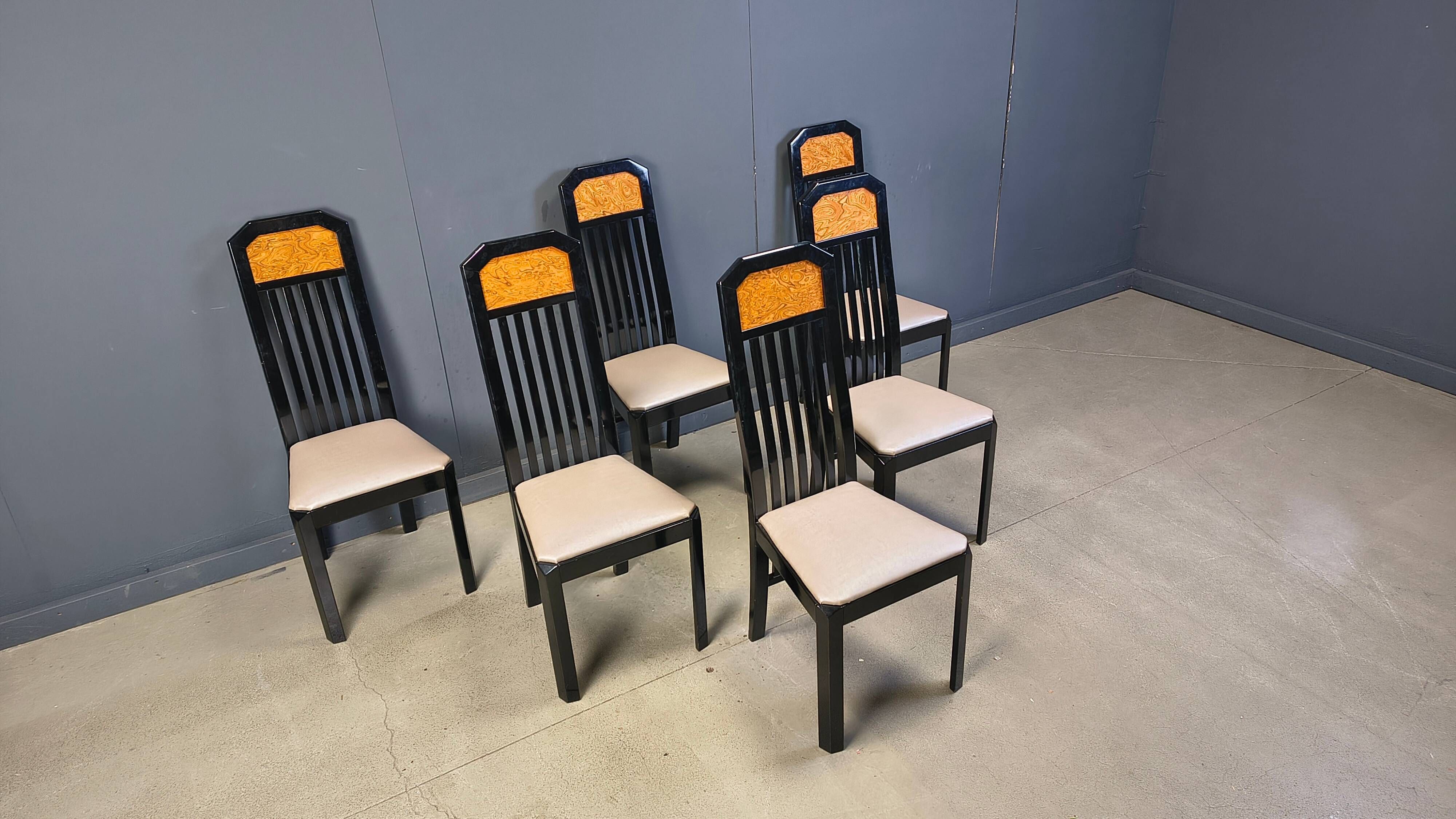Vintage burl wood and lacquer dining chairs, 1980s