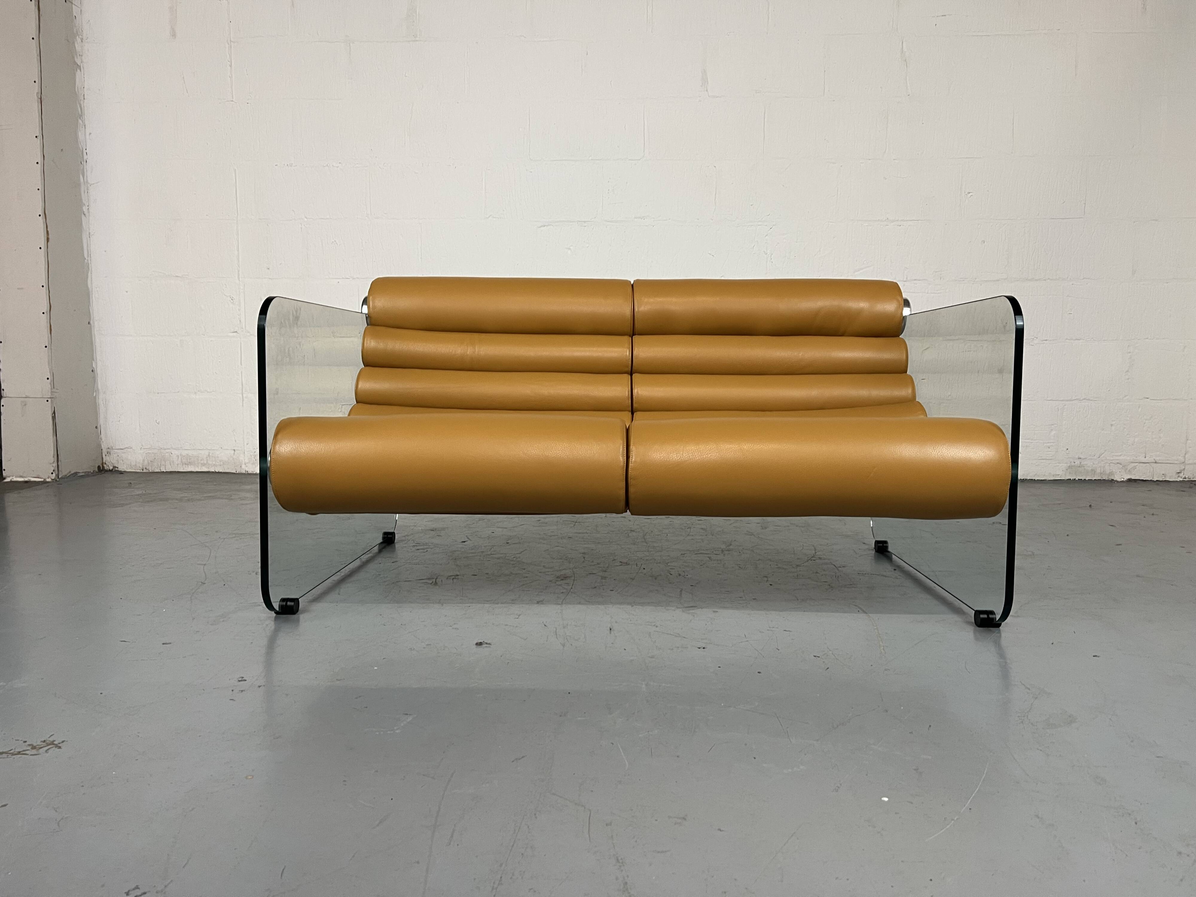 Hyaline leather and glass sofa by Fabio Lenci for Comfortline Italy 1960s