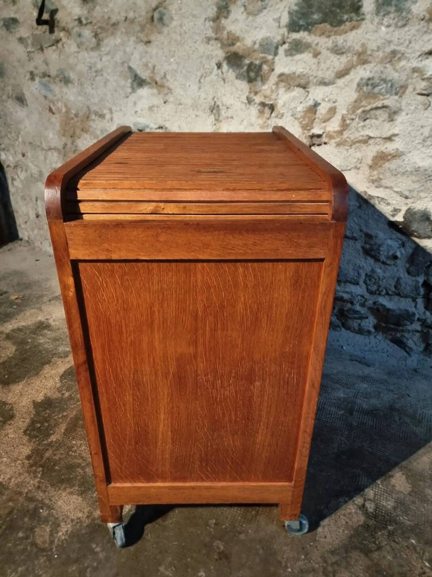 Vintage French oak office rolling cabinet with tambour door, 1950s.