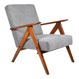 Fauteuil vintage Compas, années 1960, restauré, tissu gris, teck