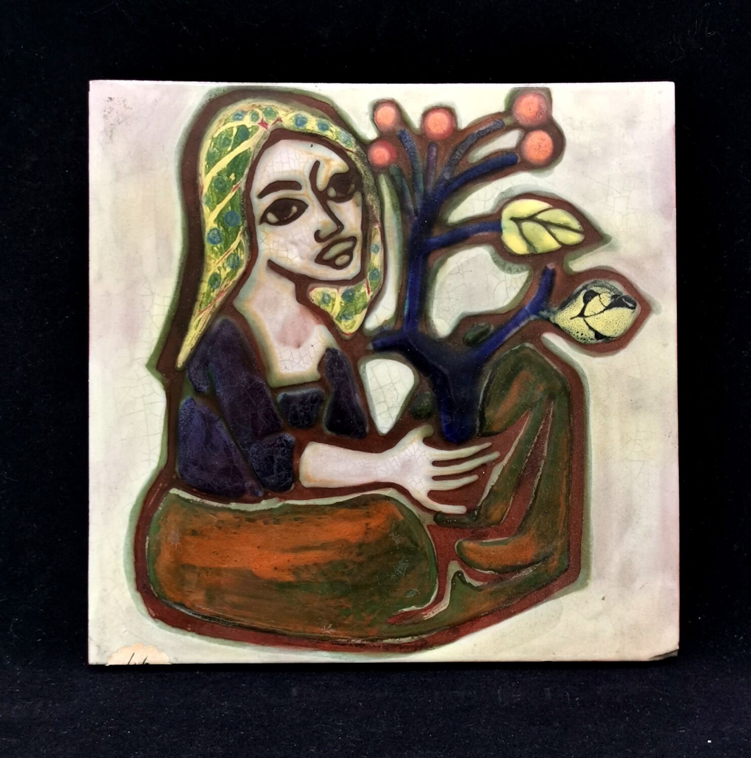 Painting tile in earthenware signed Jaqueline Bartre SANT VICENS CERAMIQUE 1970