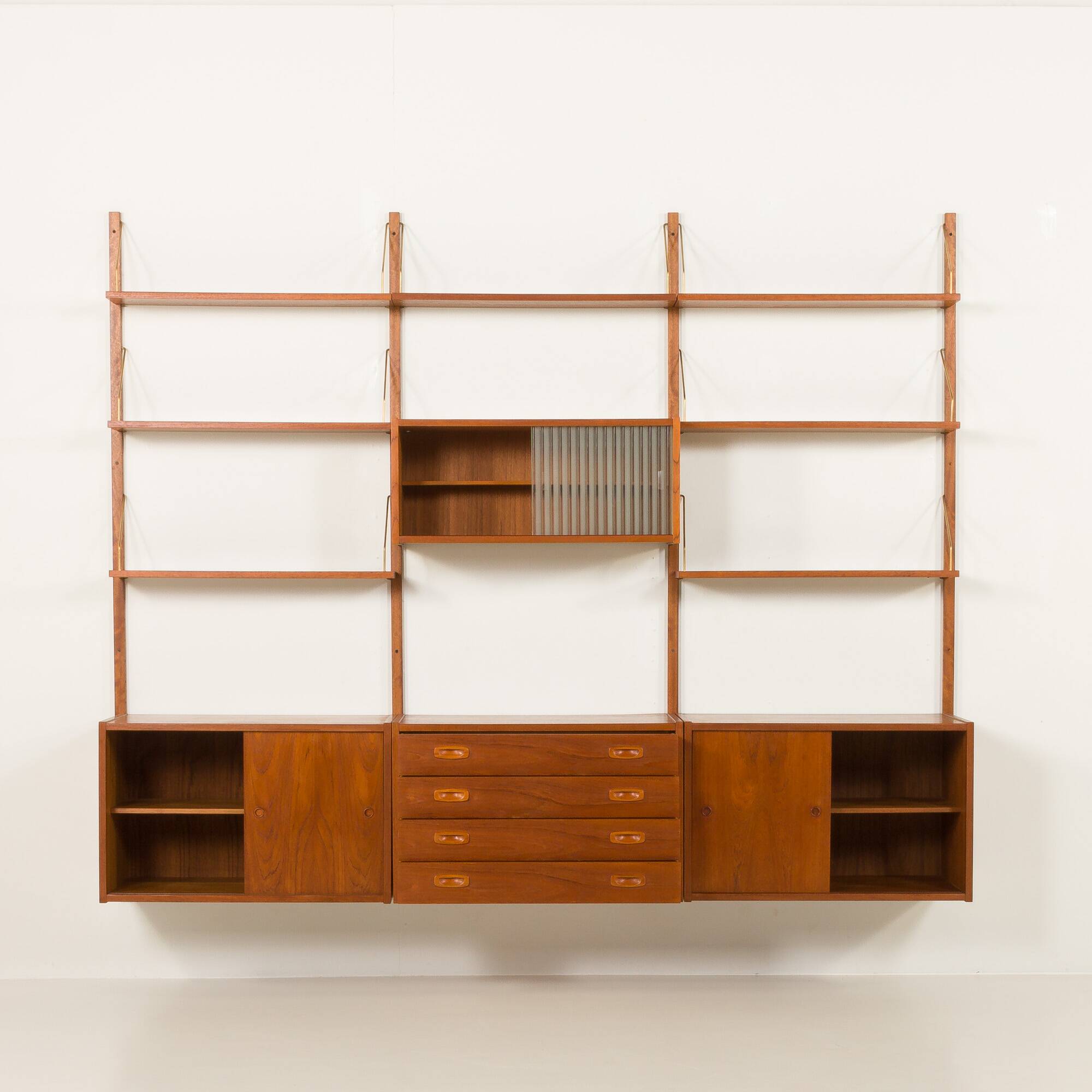 Preben Sorensen PS System three bay teak wall unit, Randers, Denmark 1960s