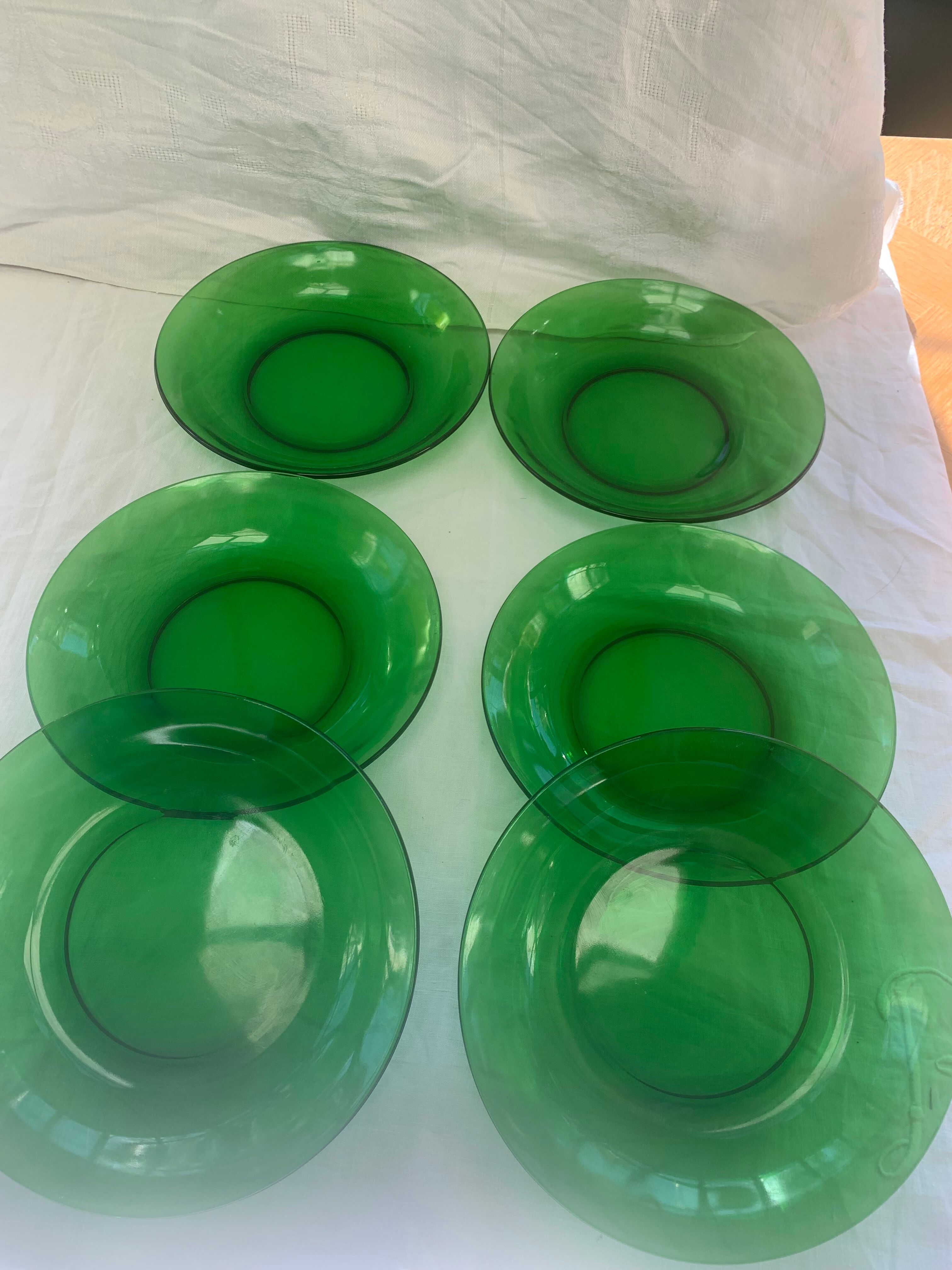 6 assiettes creuses vereco france numérotées en verre verte vintage 1970