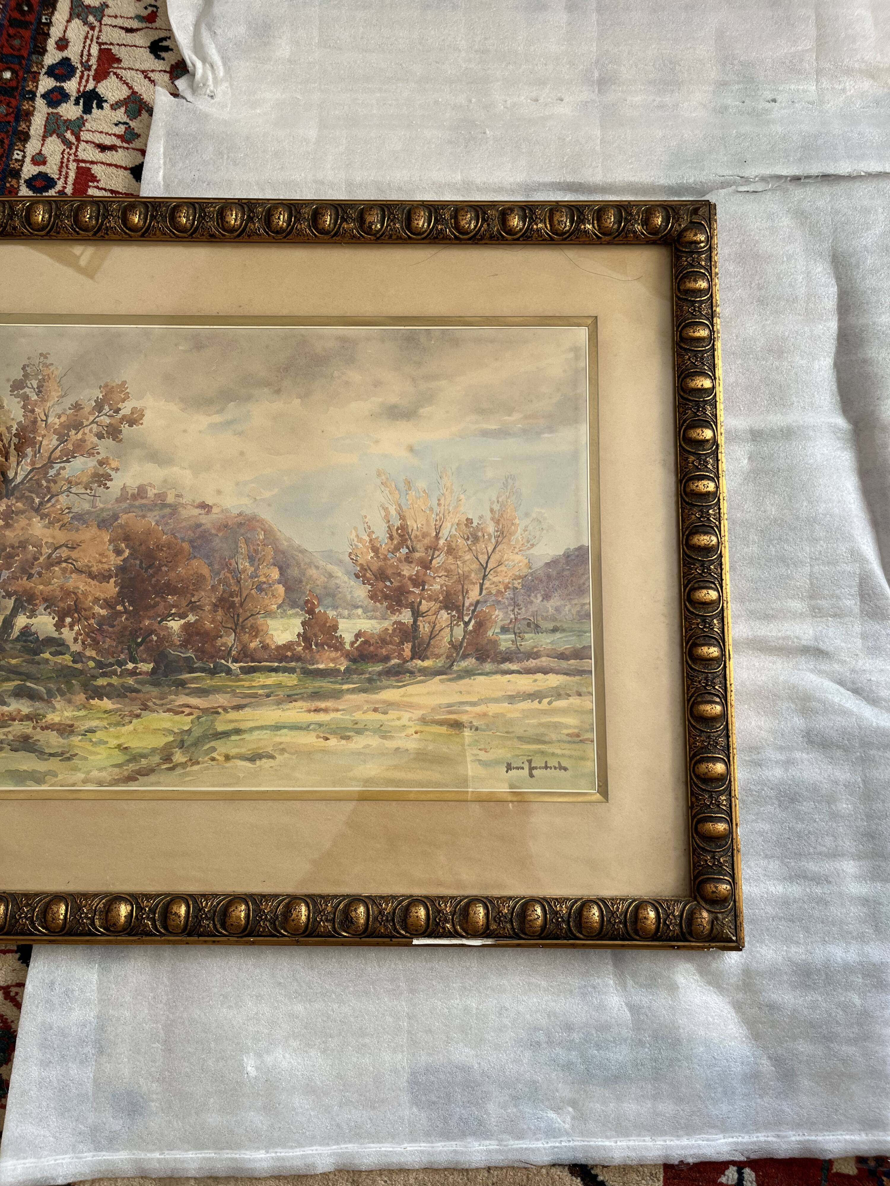 Watercolor by the painter Henri Joubert (1873 - ?), Autumn Landscape