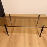 Rectangular coffee table with metal & brass foot and smoked glass, vintage 70s