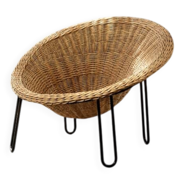 Chaise en bol sphérique en rotin vintage moderne italien bohème des années 1950