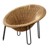 Chaise en bol sphérique en rotin vintage moderne italien bohème des années 1950